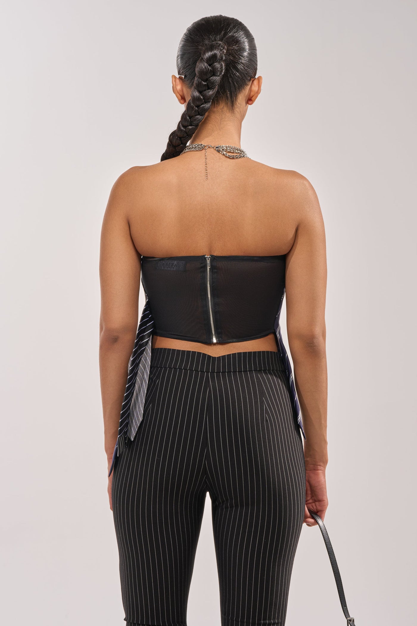 STRICTLY BUSINESS TIE DETAIL CORSET TOP IN BLUE MULTI