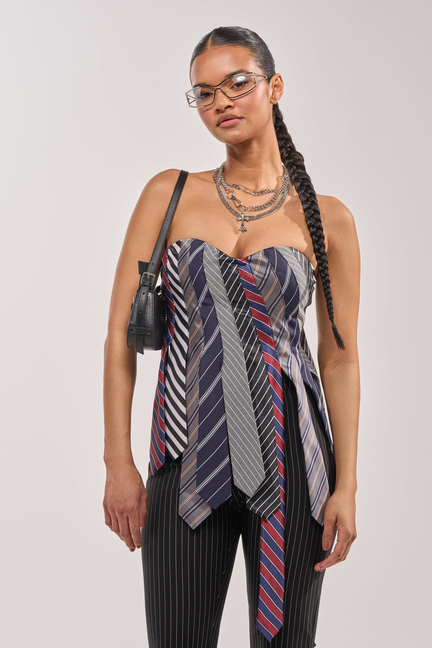 STRICTLY BUSINESS TIE DETAIL CORSET TOP IN BLUE MULTI