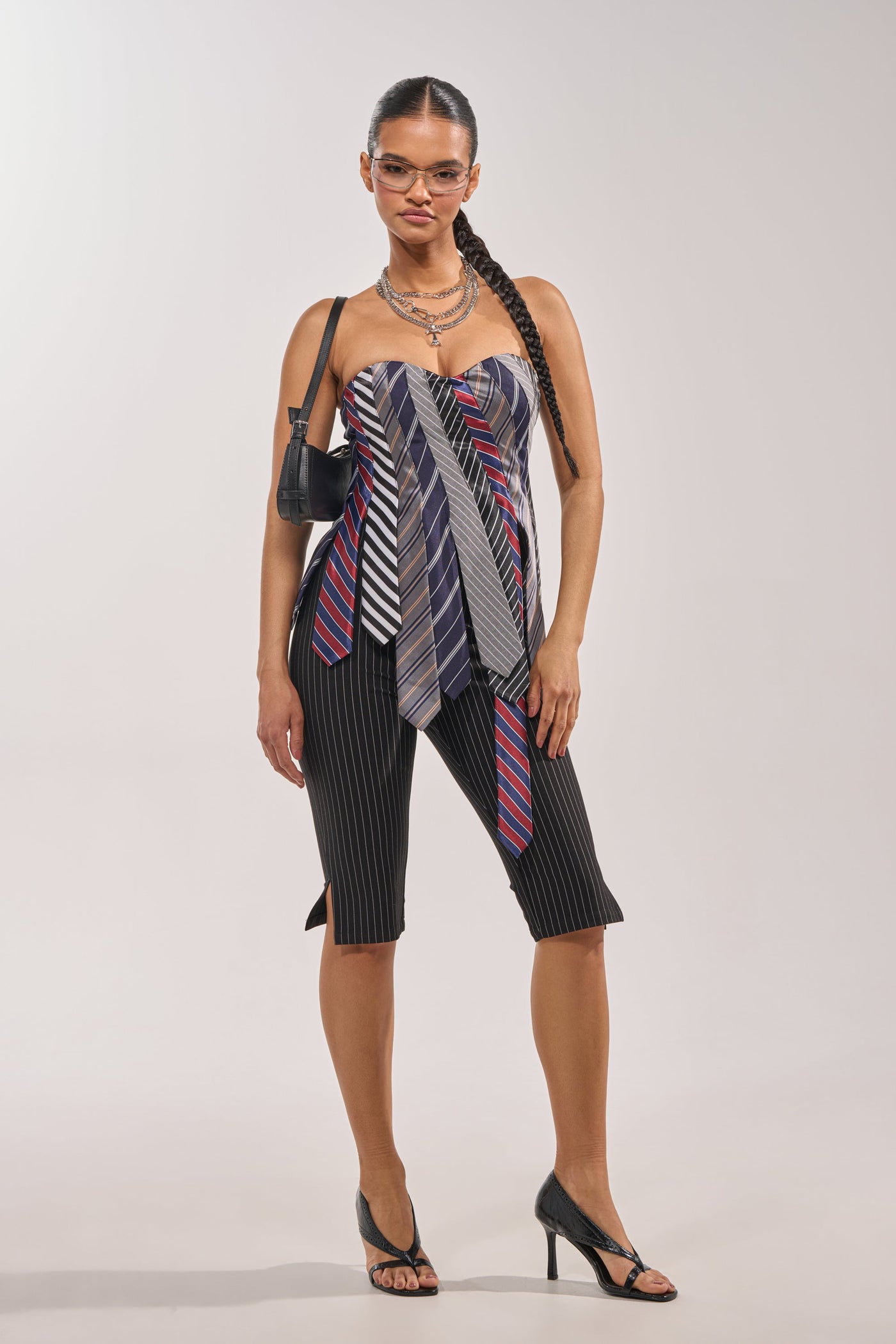 STRICTLY BUSINESS TIE DETAIL CORSET TOP IN BLUE MULTI