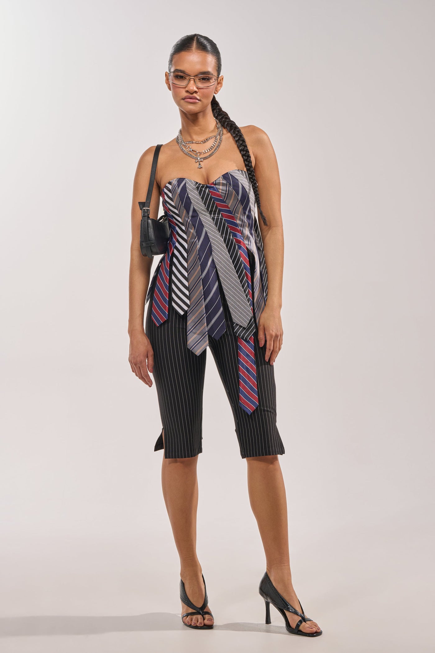 STRICTLY BUSINESS TIE DETAIL CORSET TOP IN BLUE MULTI