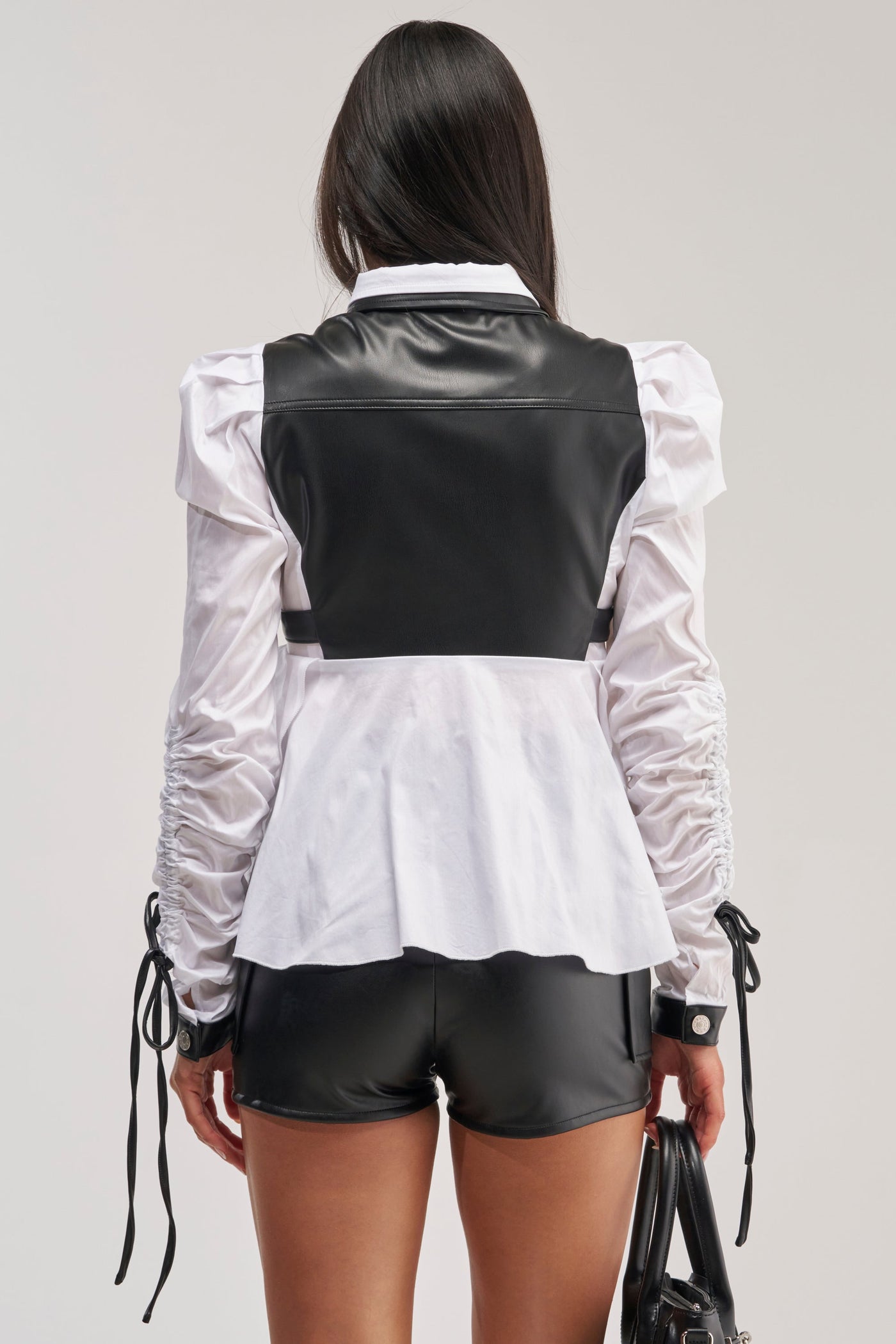 ALWAYS FABULOUS FAUX LEATHER DETAIL BUTTON DOWN BLOUSE